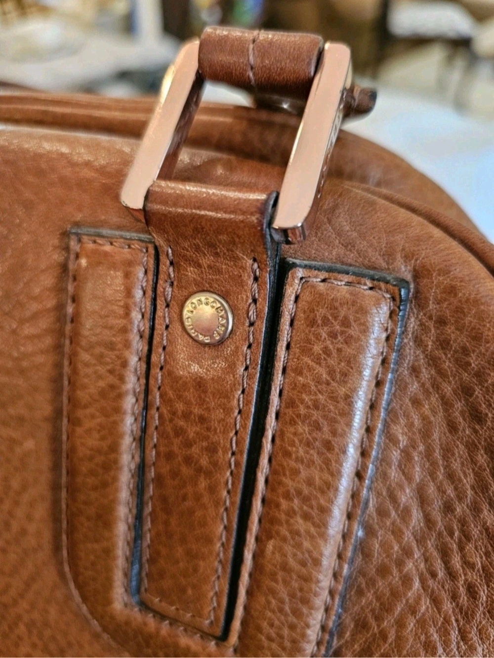 Longchamp Cosmos Large Brown Pebble Leather Tote Satchel Zip Closure Gold France - Picture 13 of 16